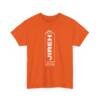 T-shirt orange avec une inscription verticale “JIREH” au dos, design sobre évoquant la foi et la providence divine.