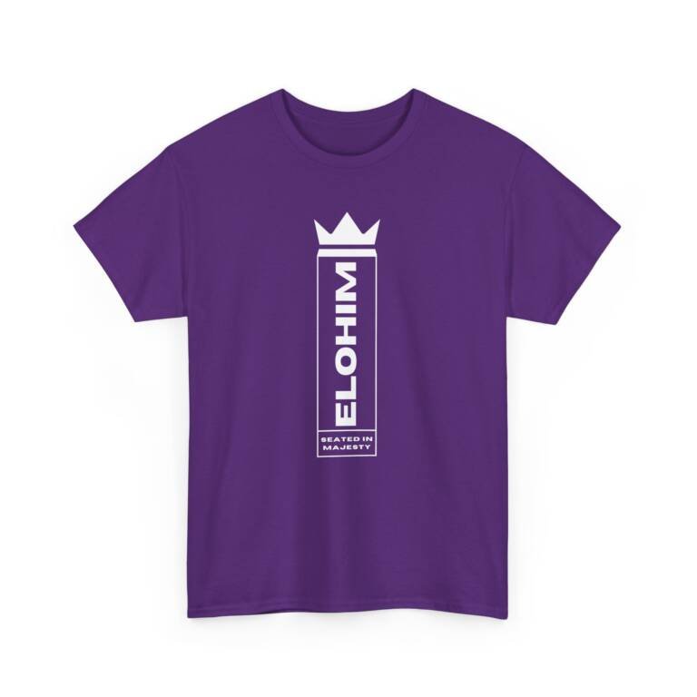 T-shirt mauve avec l’inscription verticale “ELOHIM” dans le dos, design sobre et spirituel exprimant la grandeur divine.