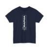 T-shirt bleu avec une inscription verticale “RAPHA” dans le dos, design minimaliste évoquant la guérison divine.