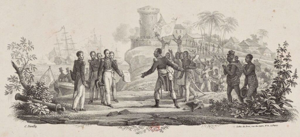 Le baron de Mackau remettant au président haïtien Jean-Pierre Boyer l’ordonnance de Charles X exigeant 150 millions de francs or en échange de la reconnaissance de l’indépendance d’Haïti, juillet 1825