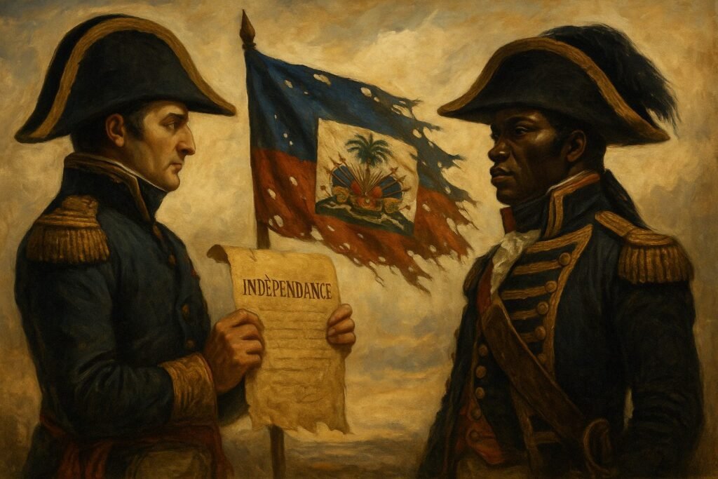 Illustration d’un officier français et un révolutionnaire haïtien se faisant face, le drapeau haïtien déchiré en arrière-plan, avec un document d’indépendance entre les deux