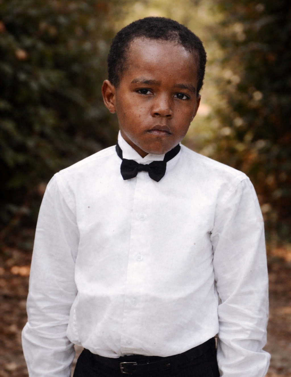 Portrait d’enfance de Berwin Sydney en chemise blanche et nœud papillon noir, photographié en extérieur sur un chemin bordé d’arbres.