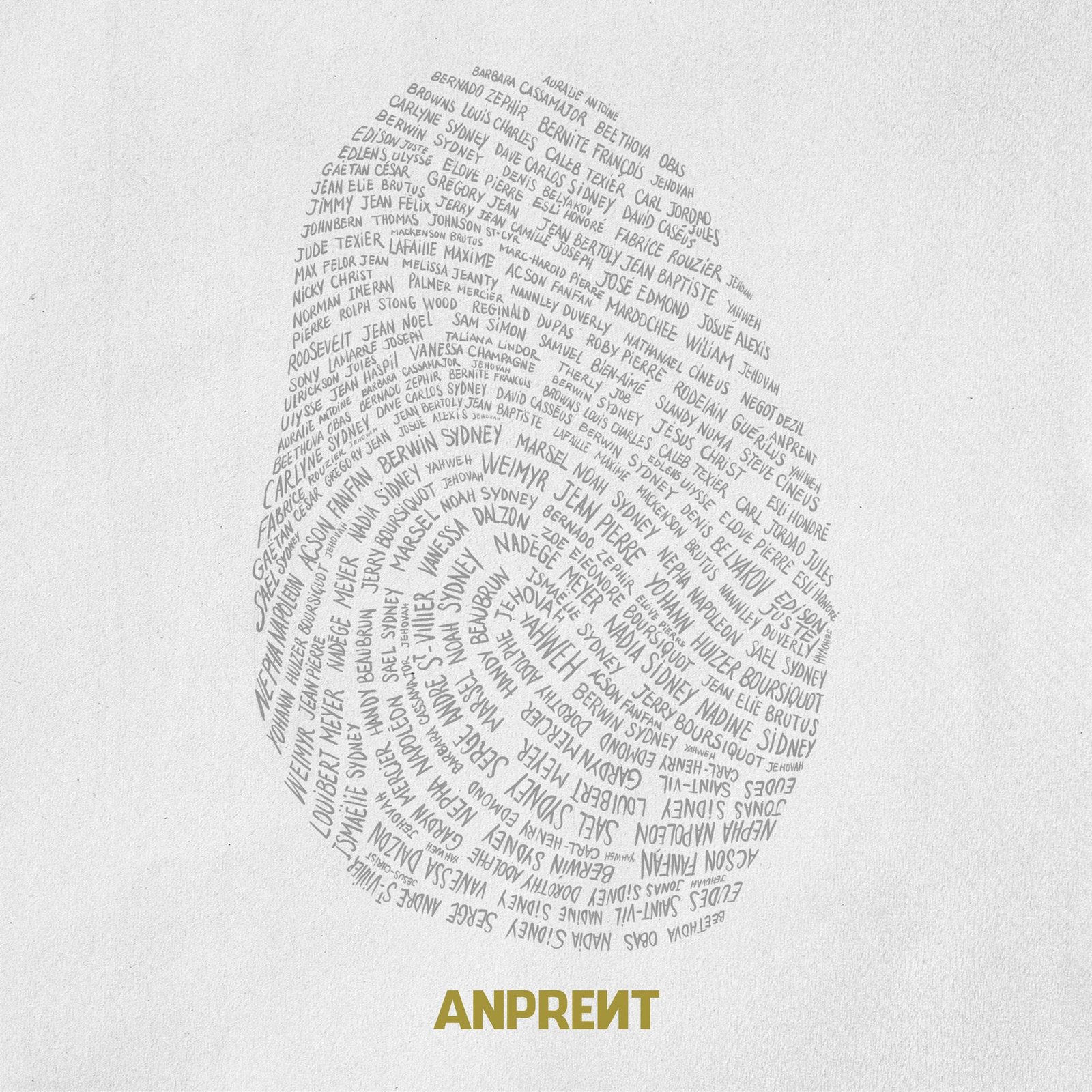 Pochette de l album Anprent : une empreinte digitale composee de noms manuscrits