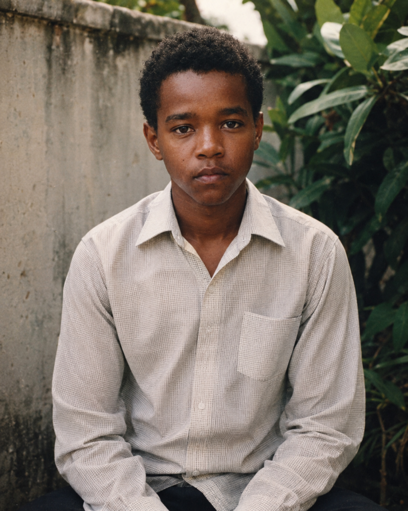 Berwin Sydney adolescent, chemise claire, assis devant un mur de béton et des plantes