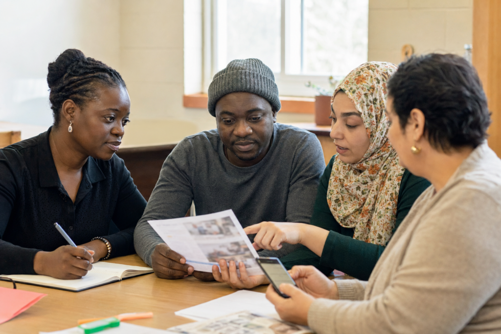 Nouveaux arrivants francophones examinant un document avec une professionnelle de la communication dans l’Est de l’Ontario